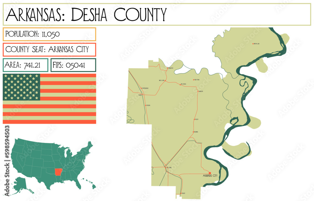 Large and detailed map of Desha County in Arkansas, USA.