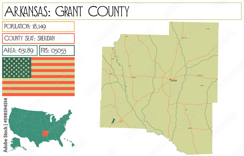 Large and detailed map of Grant County in Arkansas, USA.