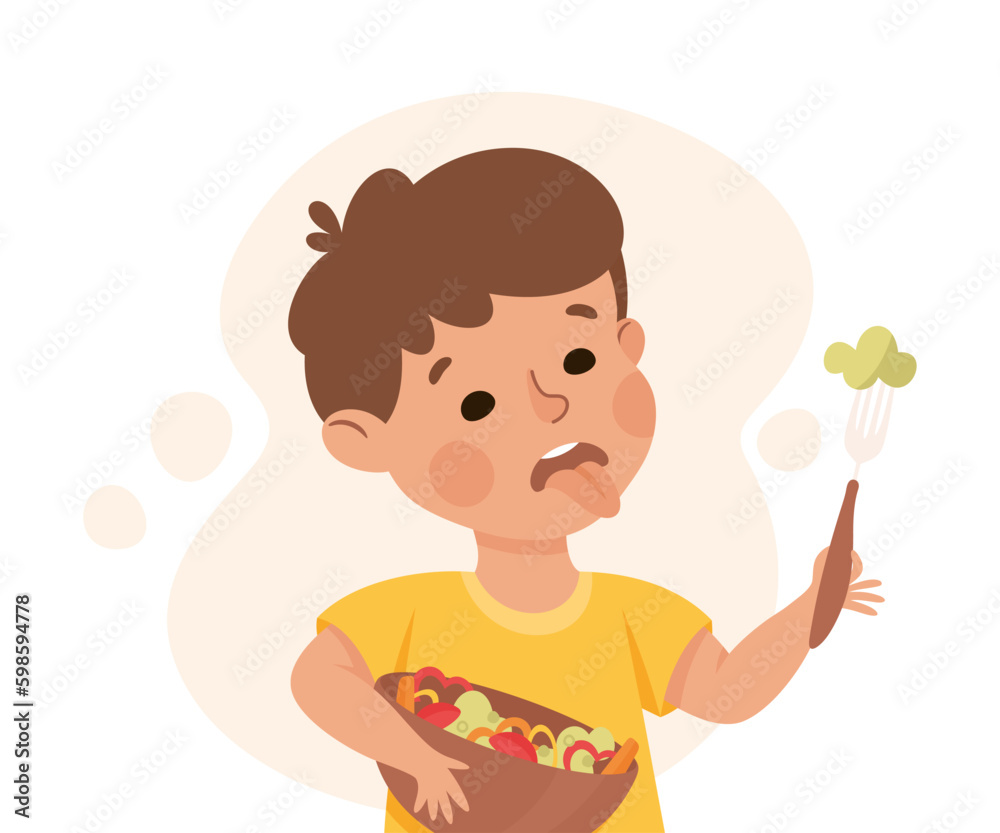 Little Boy Character Showing Dislike and Disgust Holding Salad Bowl Vector Illustration Little Boy Character Showing Dislike and Disgust Holding Salad Bowl Vector Illustration