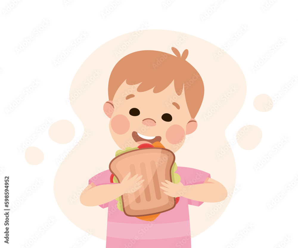 Funny Boy Character Eating Sandwich Showing Like Vector Illustration Funny Boy Character Eating Sandwich Showing Like Vector Illustration