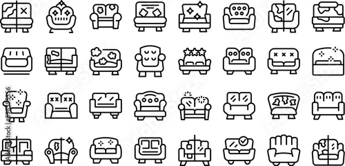 Furniture upholstery icons set outline vector. Cushion bed. Sofa comfort