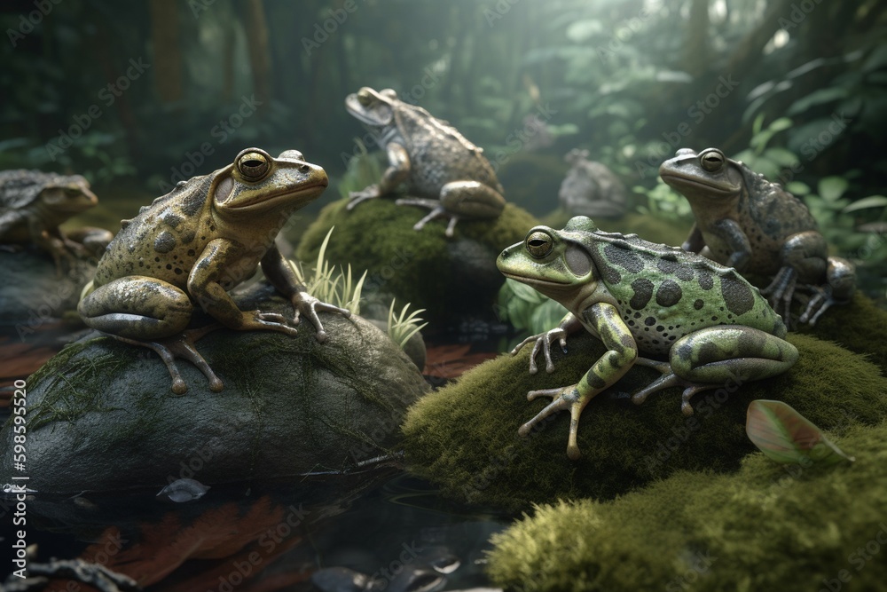 A detailed illustration of a group of amphibians, such as frogs or