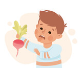 Little Boy Character Showing Dislike and Disgust Holding Radish Vector Illustration