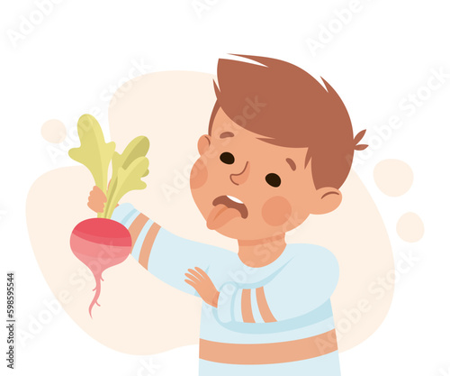 Little Boy Character Showing Dislike and Disgust Holding Radish Vector Illustration