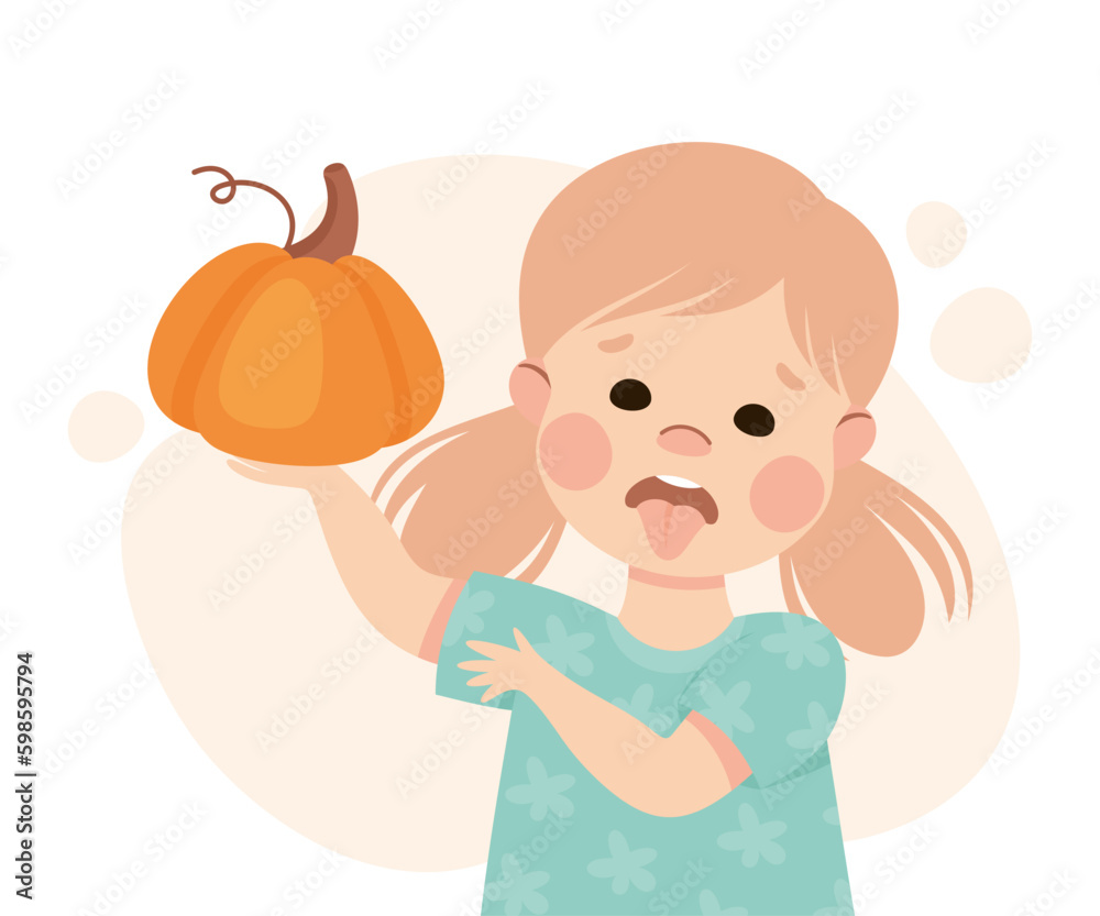 Little Girl Character Showing Dislike and Disgust Holding Pumpkin Vector Illustration Little Girl Character Showing Dislike and Disgust Holding Pumpkin Vector Illustration