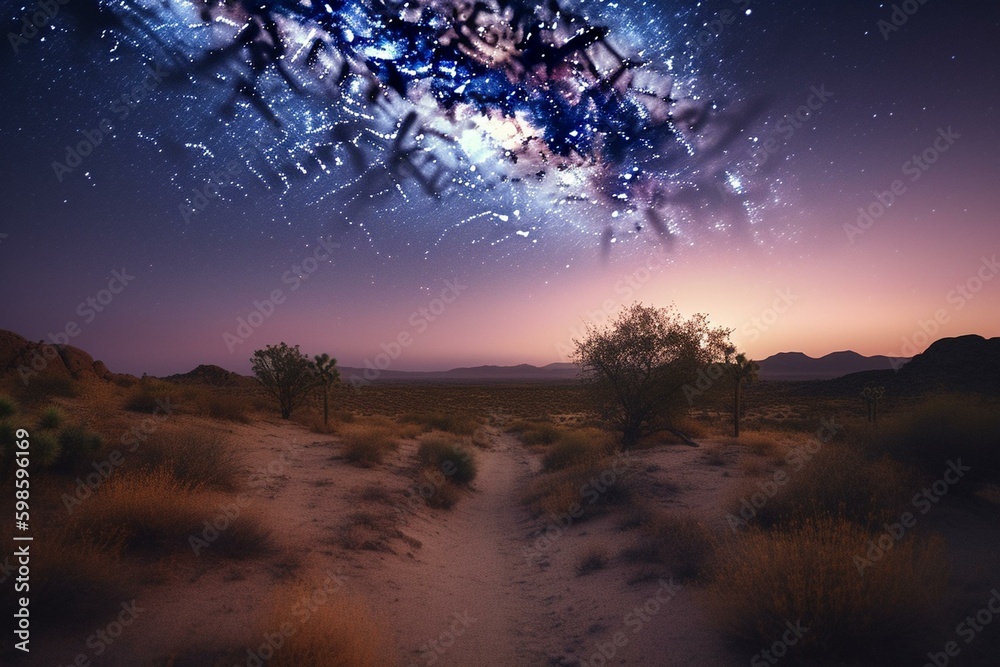 A desert landscape at dusk with pink lavender gradient starry sky and modern background. Generative AI
