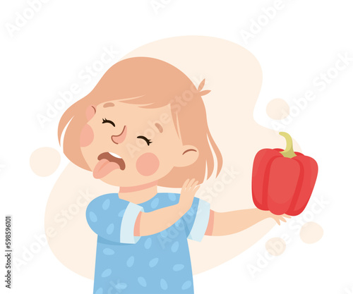 Little Girl Character Showing Dislike and Disgust Holding Bell Pepper Vector Illustration