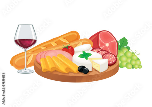 Delicatessen on a wooden cutting board vector illustration. Cheese, charcuterie and wine icon on a white background. Cheese platter with meat, baguette and grapes vector