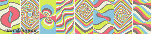 Abstract background made of many colored lines. Optic art illustration. Wavy pattern with optical illusion. Abstract striped background. Psychedelic stripes. 3d vector for brochure, flyer or banner.