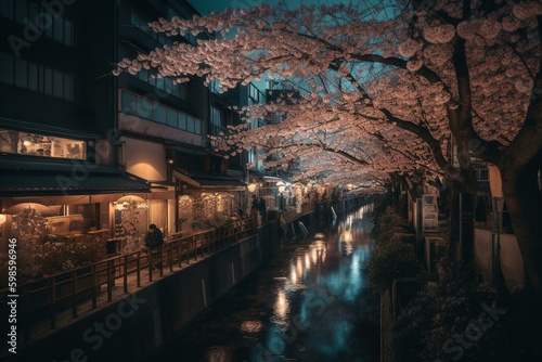 Nakameguro in Tokyo lit up with cherry blossoms (Sakura). Generative AI