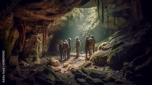 A group of speleologists at the entrance of a cave are about to go on a patrol - ai generative