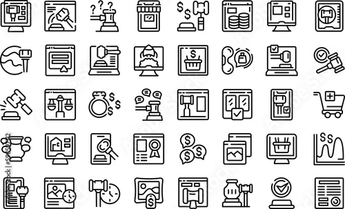 Online auction icons set outline vector. House bid. Law property