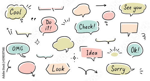 Balloon text frame decoration set. Simple hand drawn pen line speech bubble, cloud, balloon frame for text border. Doodle elegant dialog bubble, title headline. Vector illustration Generative AI