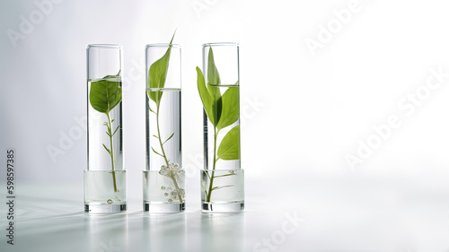 Close up green fresh plant in glass test tube on white background with copy space (AI Generated)