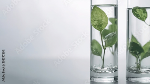 Close up green fresh plant in glass test tube on white background with copy space (AI Generated)