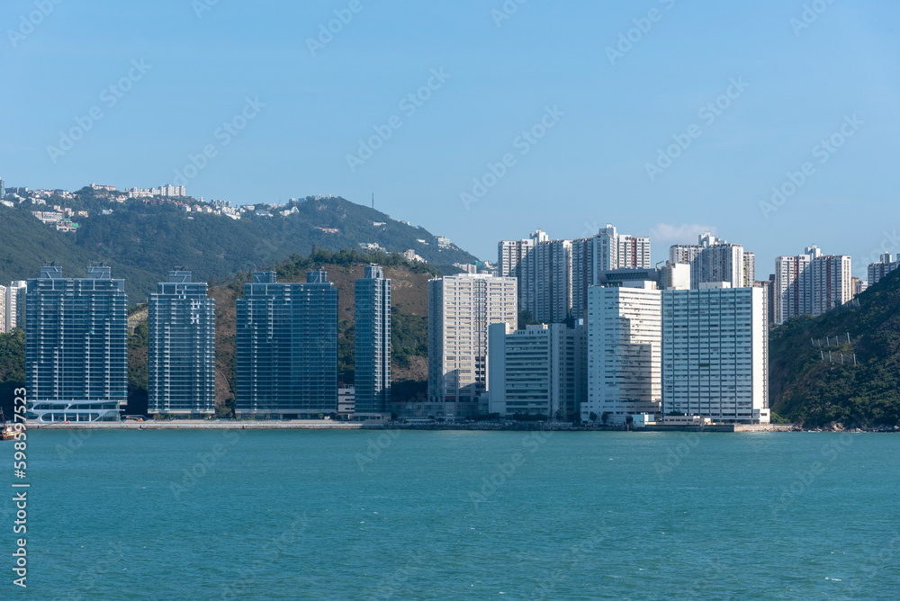 Panorama of Chinese sea coast near Hong Kong. View from the sea side.