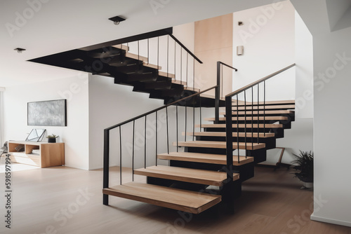 Modern minimalist staircase  black metal railings  wooden steps  white wall  generative AI