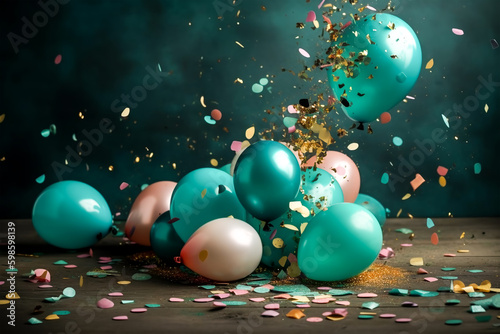 Turquoise balloons background with balloons, confetti, sparkles, lights. Anniversary. Banner for birthday, party, Christmas, New Year, promotion social media cover. Generative Ai