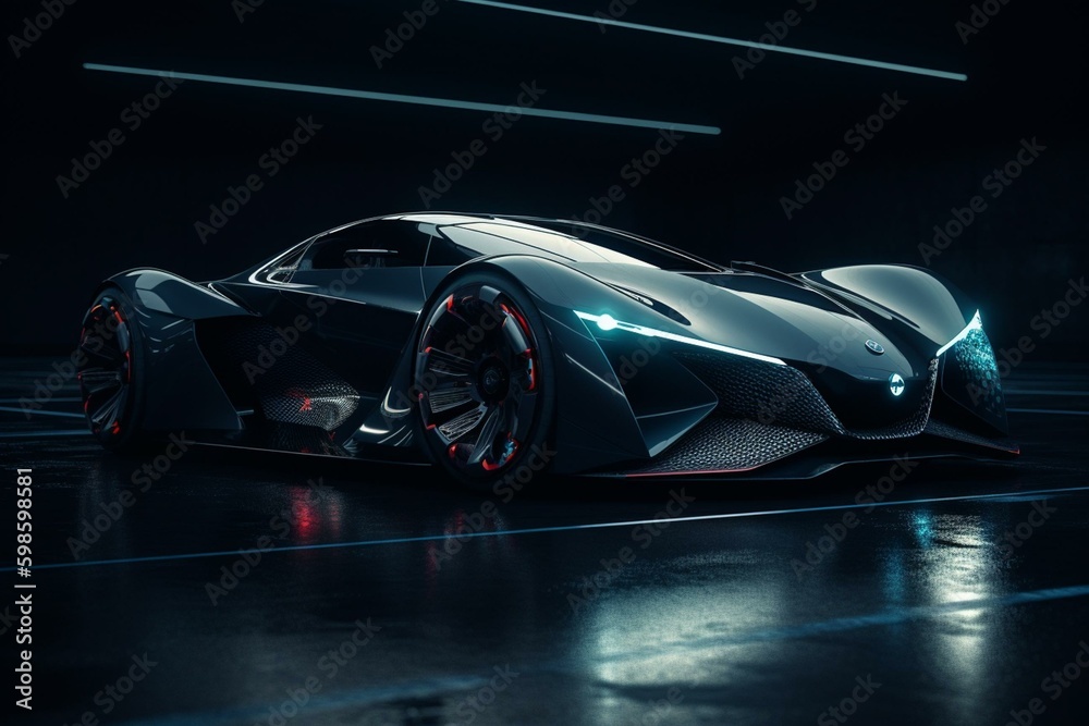 Futuristic autonomous sports car on dark background. HUD included. Generative AI