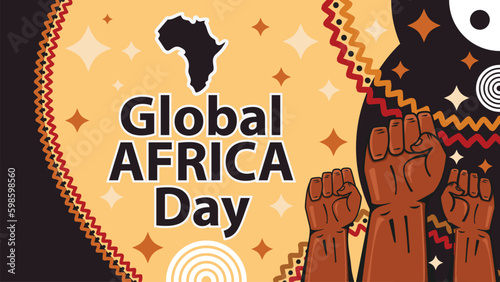 Global Africa Day vector wide horizontal banner with retro style  geometric shapes  typography and African continent icon on flag. Global Africa Day modern simple poster background . may 25.