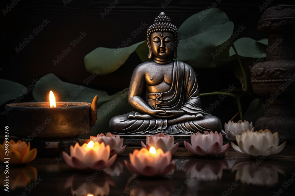 Small Buddha statue and candles and lotus flowers decorated indoors, close-up. Generative AI