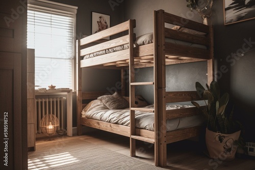Wooden bunk bed in a kid's room. Generative AI photo