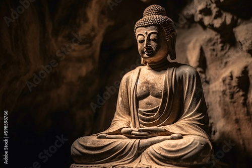 Buddhist statue of Buddha carved in stone in a cave. Generative AI