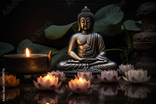 Small Buddha statue and candles and lotus flowers decorated indoors  close-up. Generative AI