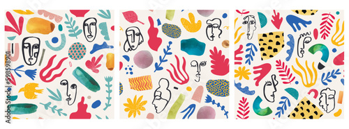 Vector set of seamless patterns. Collage cutout shapes, flowers and hand drawn cubism faces.