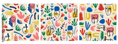 Vector set of seamless patterns. Collage cutout shapes, flowers and hand drawn cubism faces.