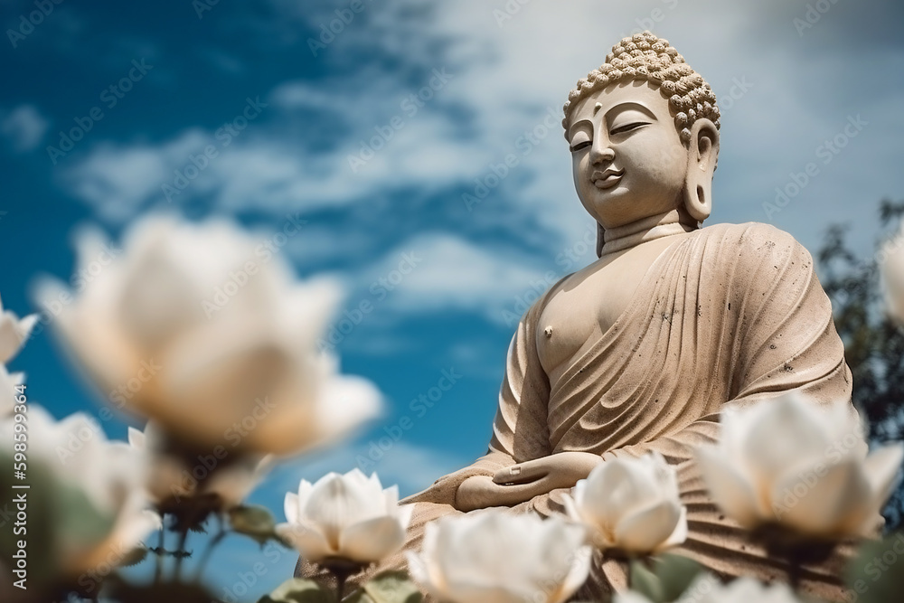 Fototapeta premium Giant Buddha stone statue outdoors. Generative AI