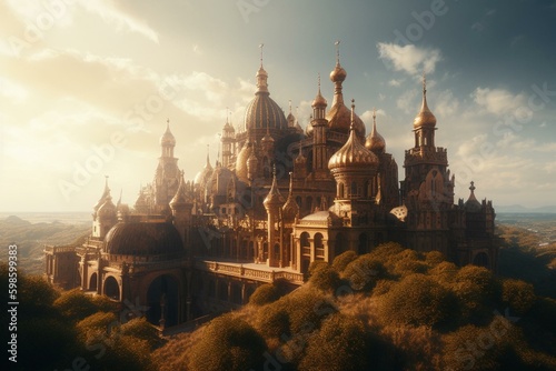 Beautiful and majestic golden landscape with architectural elements. Generative AI