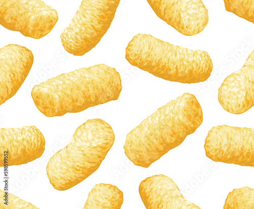 Sweet corn sticks, seamless pattern on white background. Realistic vector illustration. Fast snacks for rest. Use for for advertising, packaging.