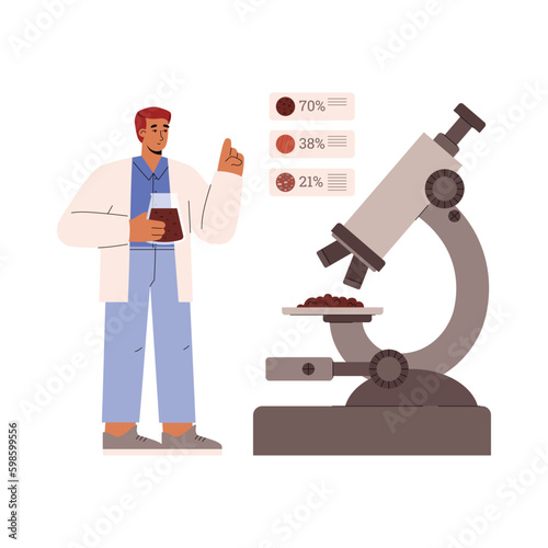 Scientist with microscope analyzing soil samples, flat vector isolated.