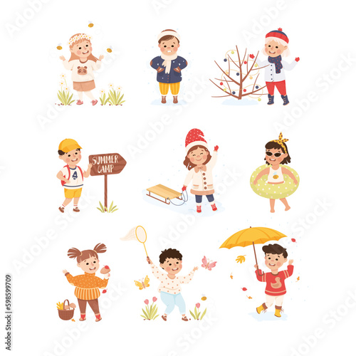 Happy kids playing outdoors at different seasons set. Boys and girls camping, sledding, picking mushrooms and walking under rain cartoon vector illustration