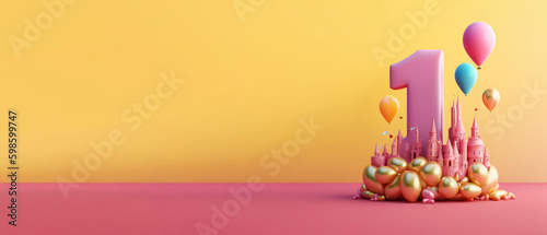 pink number one on top of castle surrounded by balloons, yellow and pink background, 1st first birthday fairy tale theme, Generative Ai, copy space