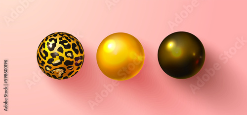 Set of 3D balls. Black, gold and leopard ball with shadow. Realistic volumetric figure. Vector