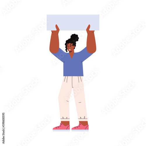 Woman holds blank sign board above her head, concept of protest - flat vector illustration isolated on white background.
