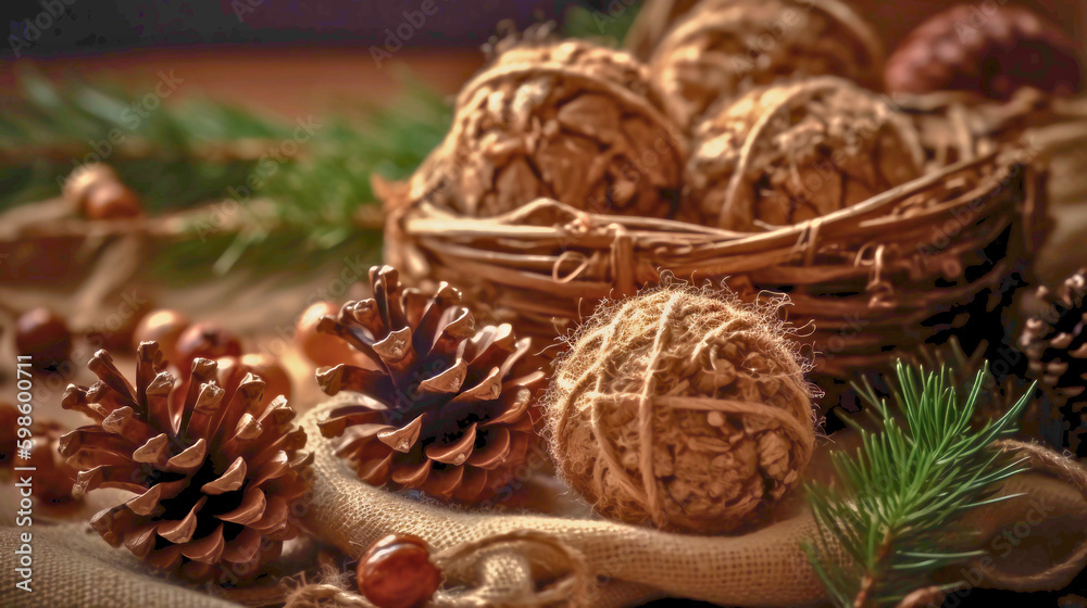 A close-up still-life composition of rustic Christmas tree ornaments, burlap, pine cones, and holly leaves, a top-down angle with natural light from a window, Created with generative Ai Technology.
A close-up still-life composition of rustic Christmas tree ornaments, burlap, pine cones, and holly leaves, a top-down angle with natural light from a window, Created with generative Ai Technology.