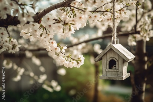 Spring garden with hanging bird house decoration and white blossoming tree. Generative AI