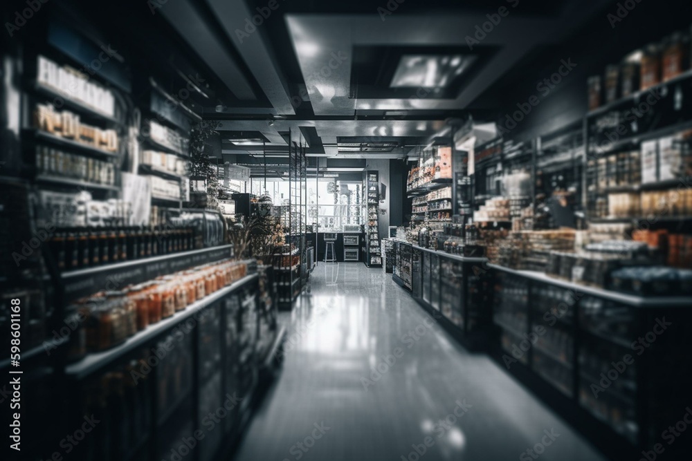 Blurred interior of a large store for advertising, digital art. Generative AI