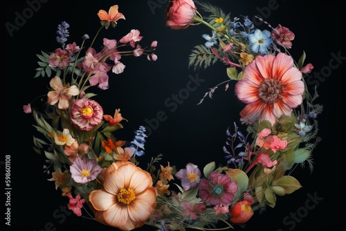 A circular design of hand-painted flowers in opaque watercolor. Generative AI