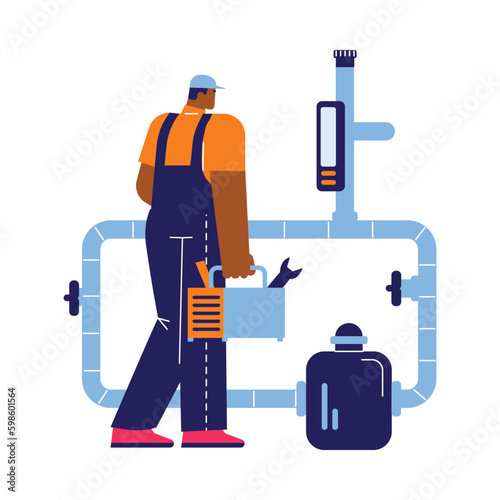 Handyman or repairman maintaining pool filtration system, vector isolated.