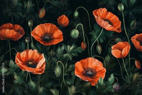 Vibrant watercolor poppies in a seamless pattern with a dark green backdrop. Generative AI