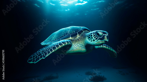 A sea turtle swimming in the clear blue ocean. A journey of survival and beauty. © art4all