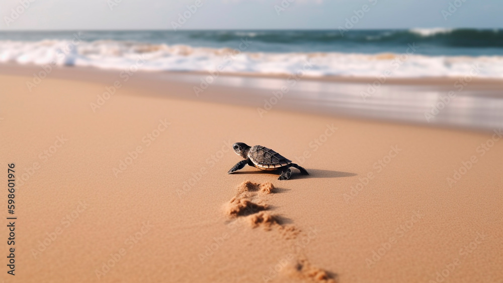Obraz premium A baby sea turtle crawling on the sandy beach. A Symbol of Hope and Survival.