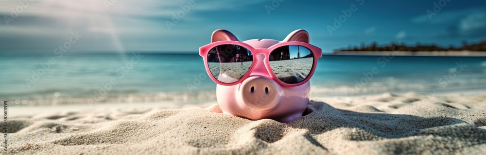 Piggy bank wearing sunglasses chilling at the beach, save money for vacation concept. Generative AI - obrazy, fototapety, plakaty 