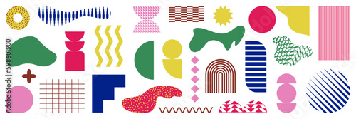 Brutalist minimal abstract blotch and shape with patterns, halftone, textures. Retro 80's aesthetics and minimalist geometric forms and abstract liquid vector shapes.