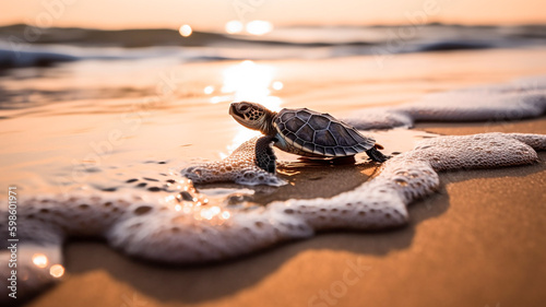 A baby turtle on the beach at sunset. A Symbol of Hope and Survival.