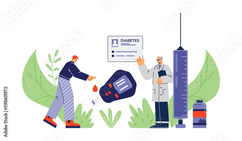 Doctors testing blood of patient for glucose using glucometer, vector isolated.